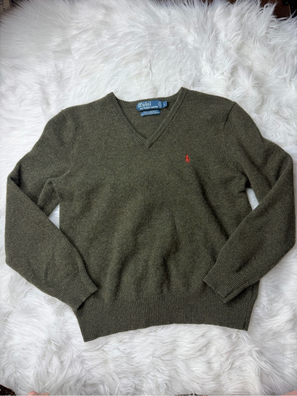 Polo by Ralph Lauren Olive V-Neck Wool Sweater